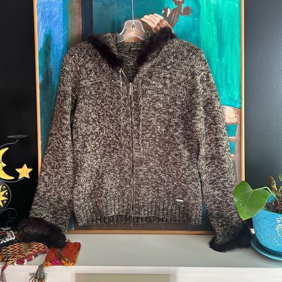 Point Zero Y2K Brown Hooded Cardigan W Faux Fur Trim L - Picture 1 of 16